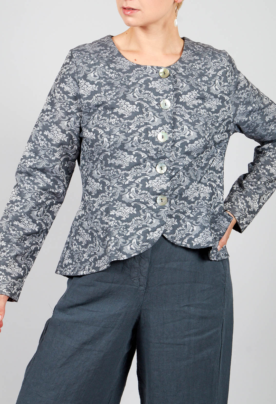 Printed Collarless Cropped Jacket in Charcoal
