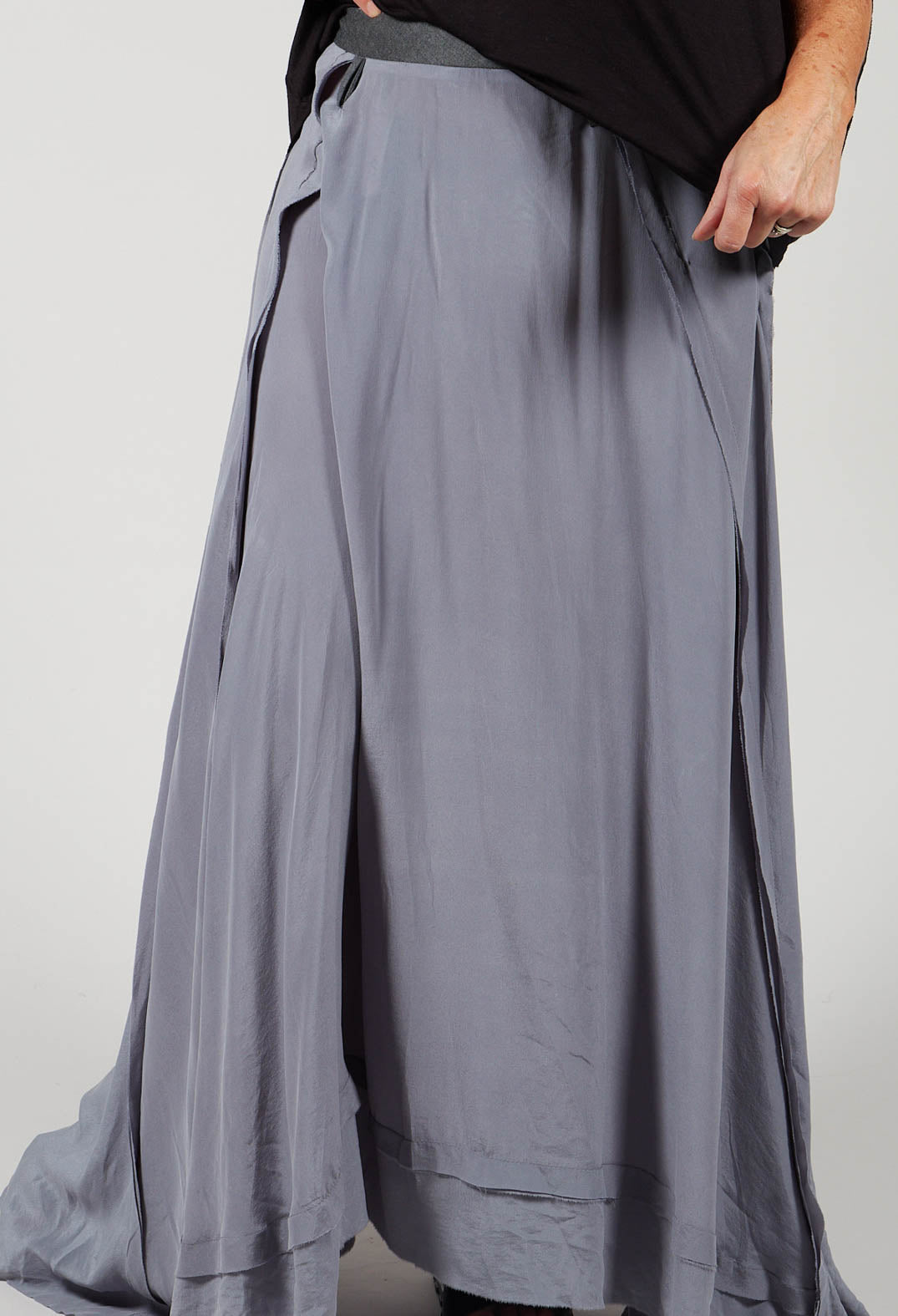 Long Washed Silk Skirt with Patch Pocket Detail in Grey