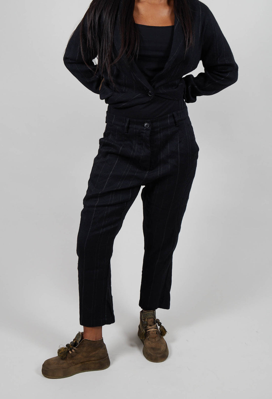 Drop Crotch Trousers in Black Stripe  - 1020104