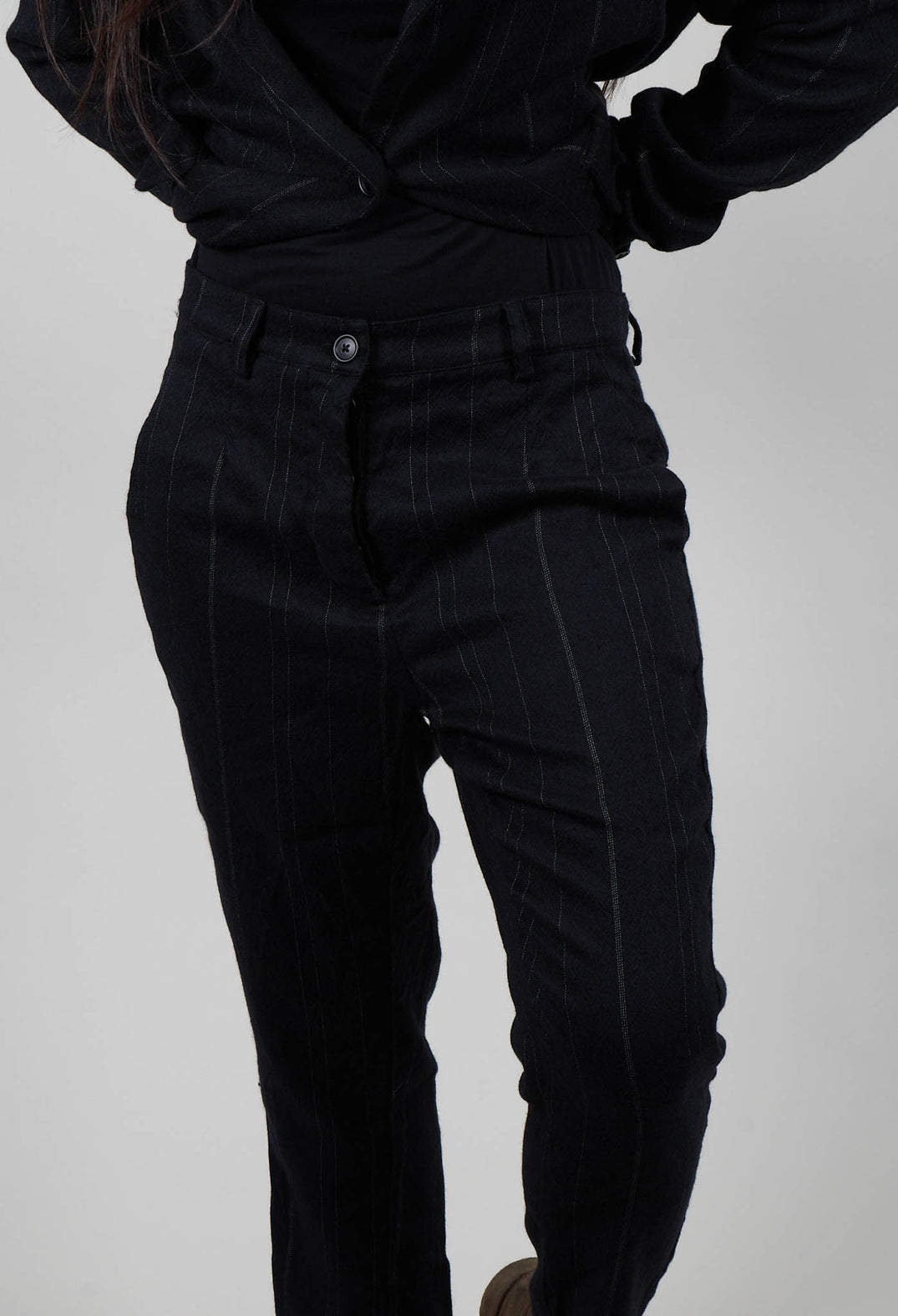 Drop Crotch Trousers in Black Stripe  - 1020104