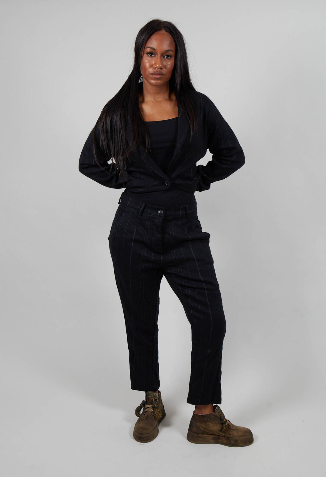 Drop Crotch Trousers in Black Stripe  - 1020104