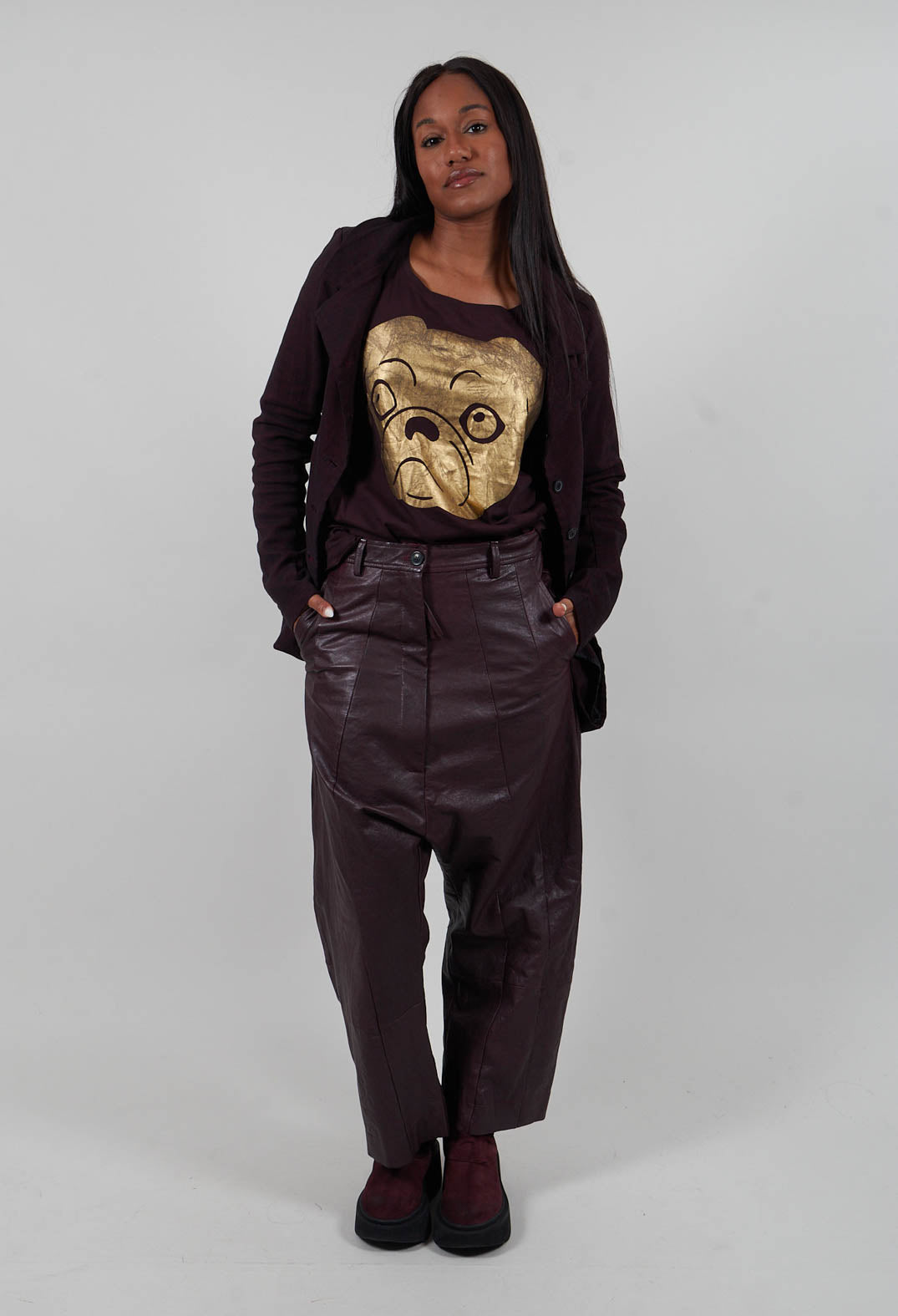 Leather Drop Crotch Trousers in Purple - 1480106