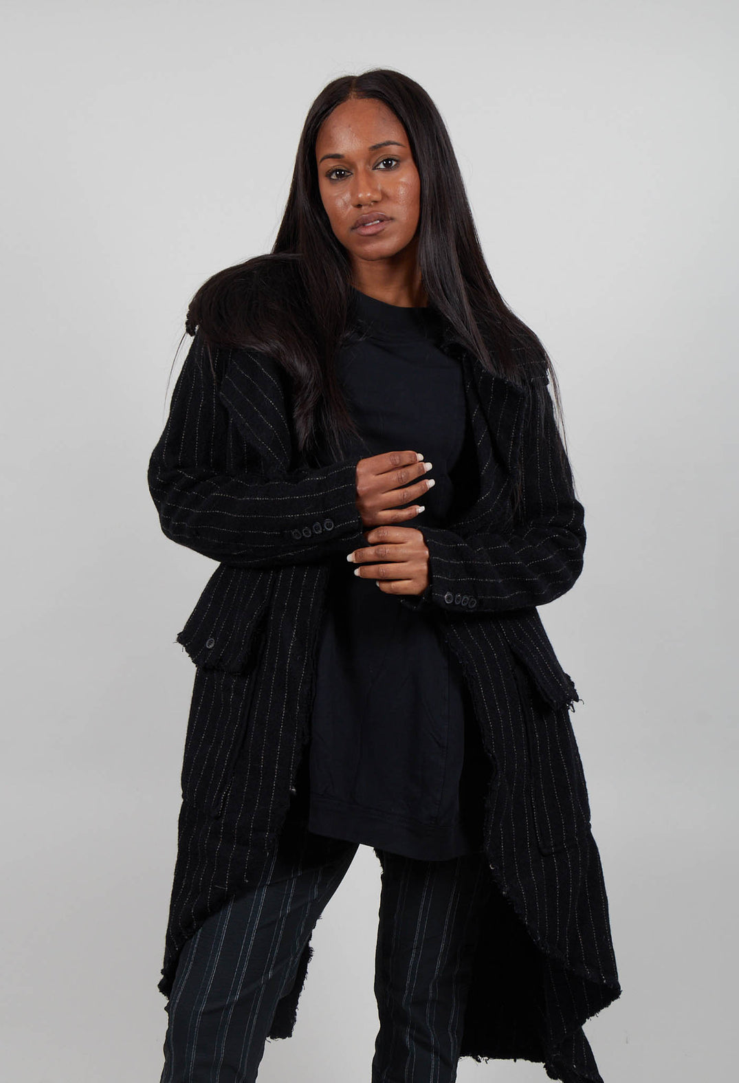 Raw Edge Coat in Black Stripe - 1151204