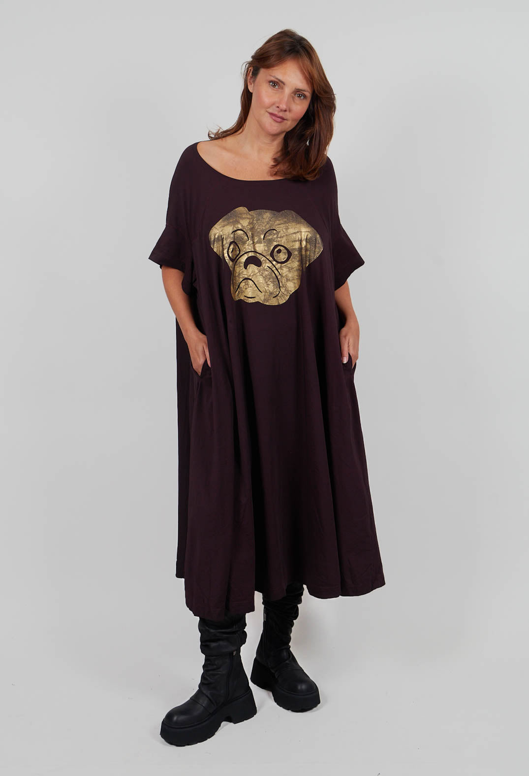 Oversized Jersey Dress with Motif in Purple Print  - 1300909
