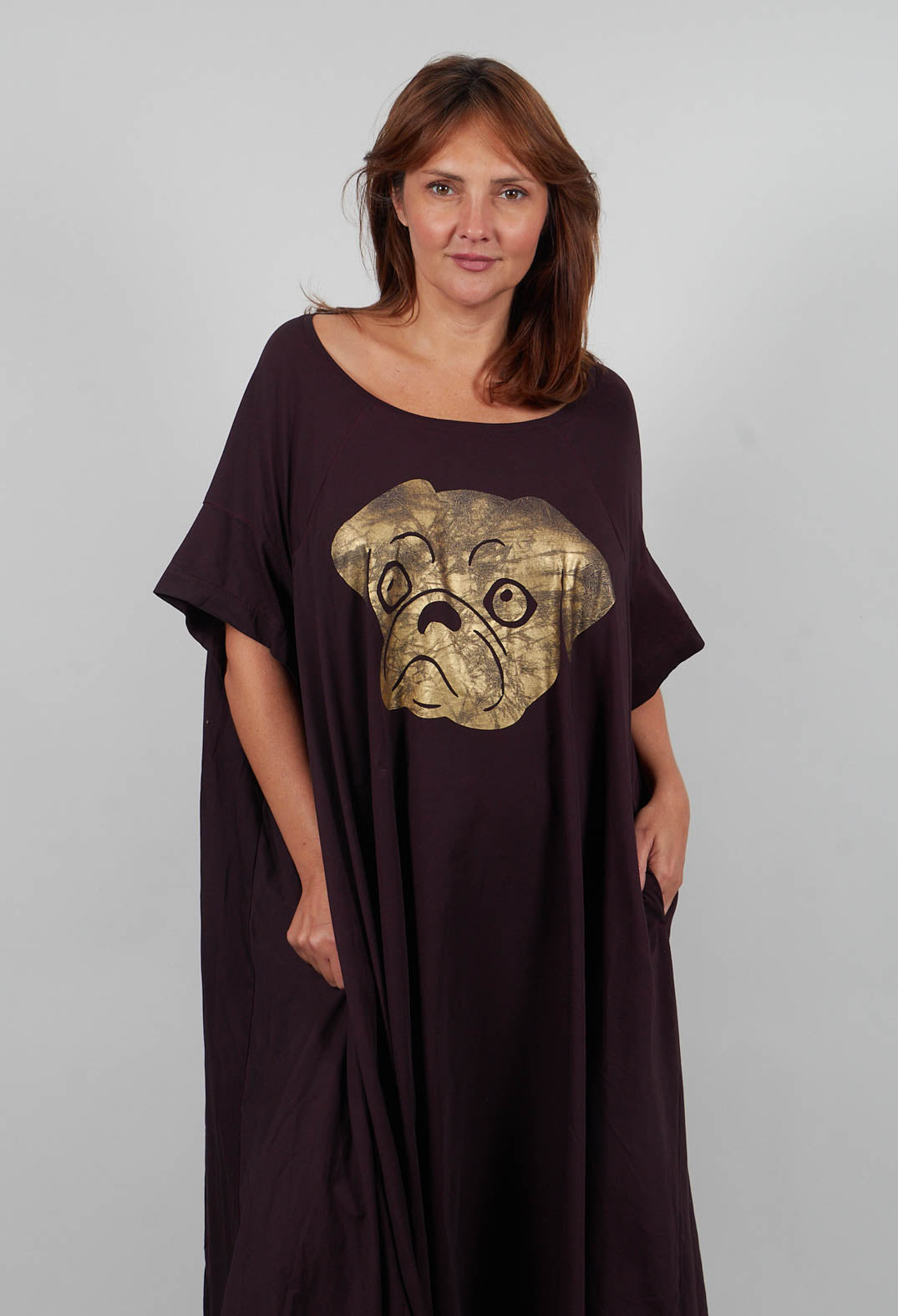 Oversized Jersey Dress with Motif in Purple Print  - 1300909
