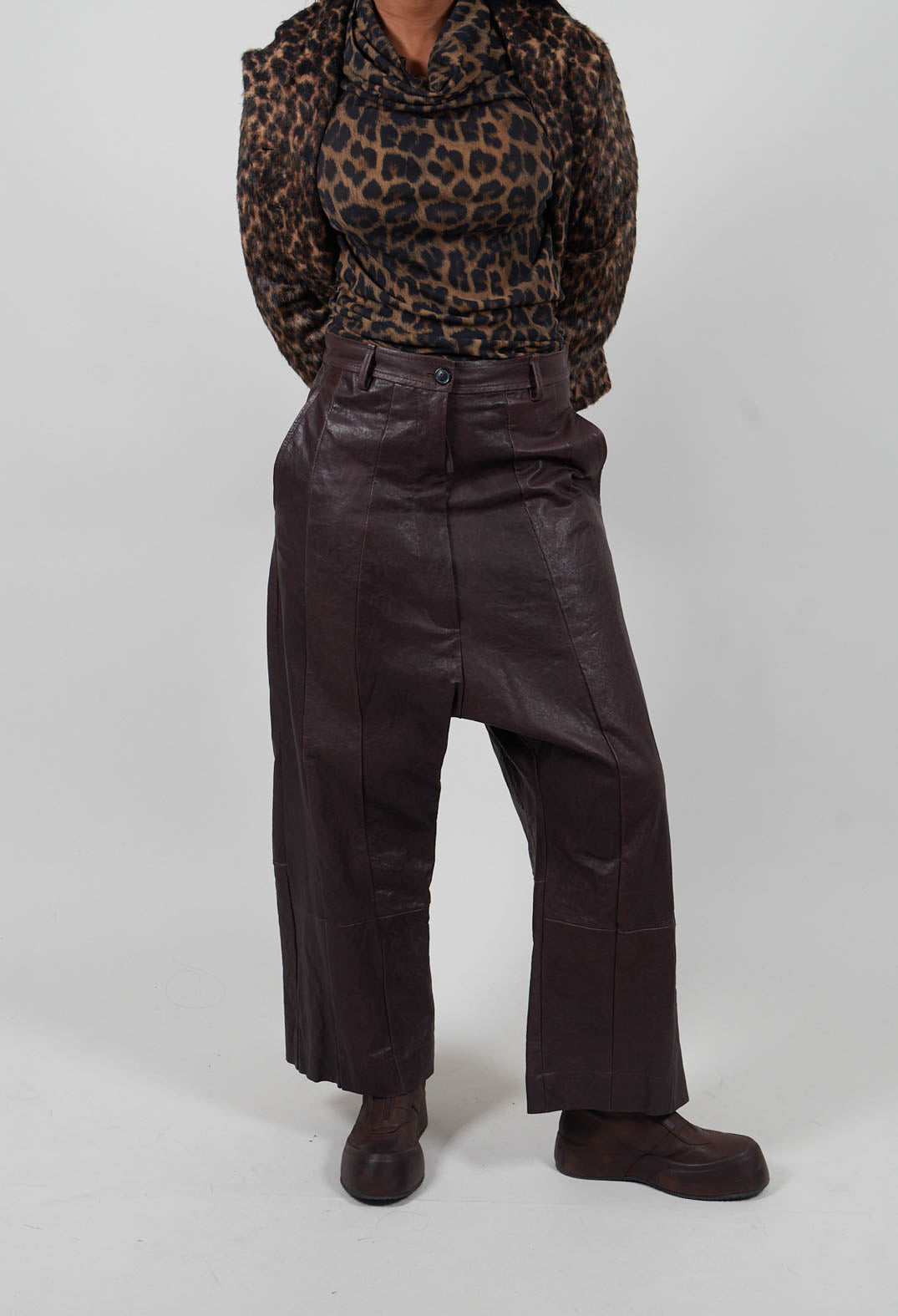 Leather Drop Crotch Trousers in Umbra  - 1480106