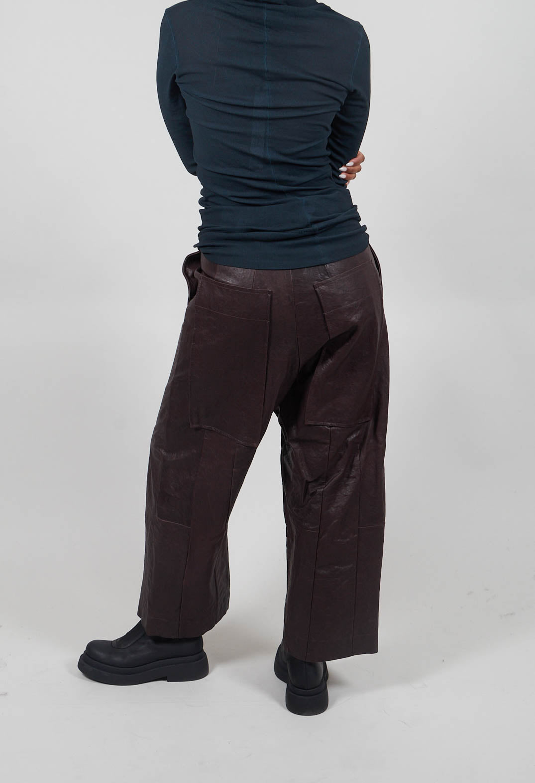 Leather Drop Crotch Trousers in Umbra  - 1480106