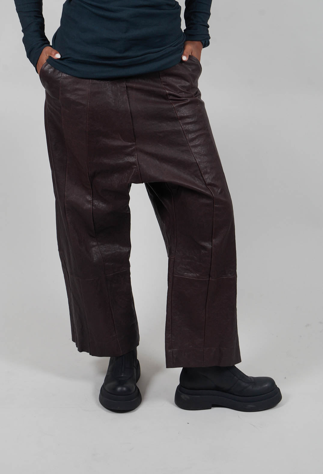 Leather Drop Crotch Trousers in Umbra  - 1480106