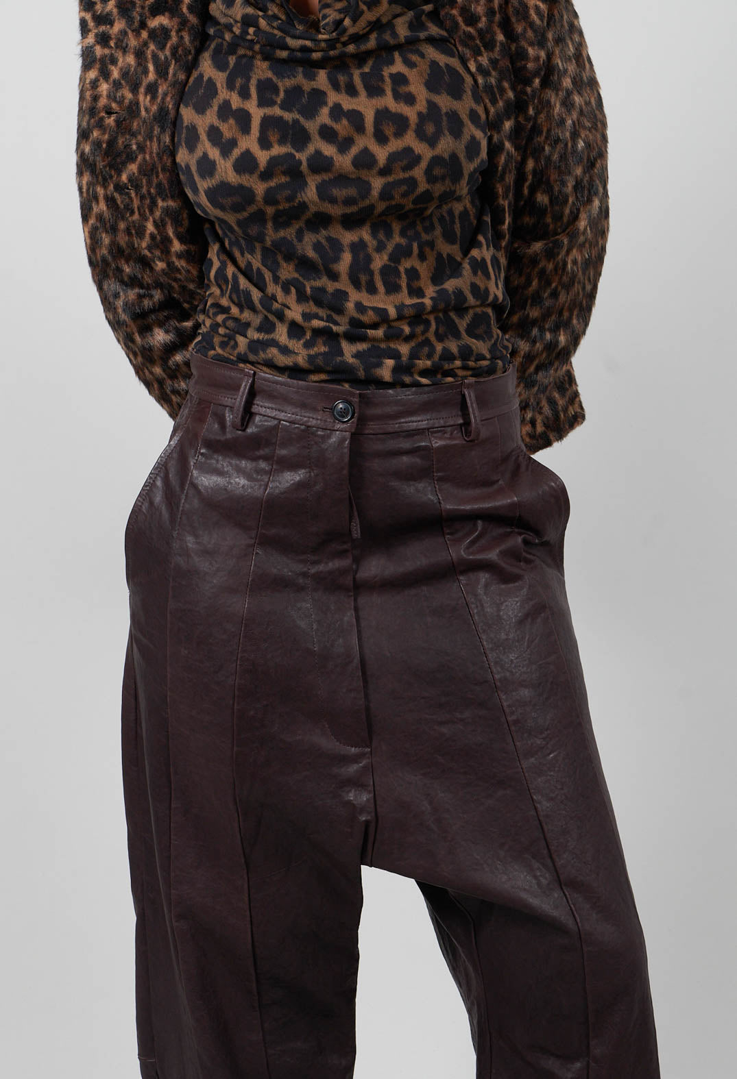 Leather Drop Crotch Trousers in Umbra  - 1480106