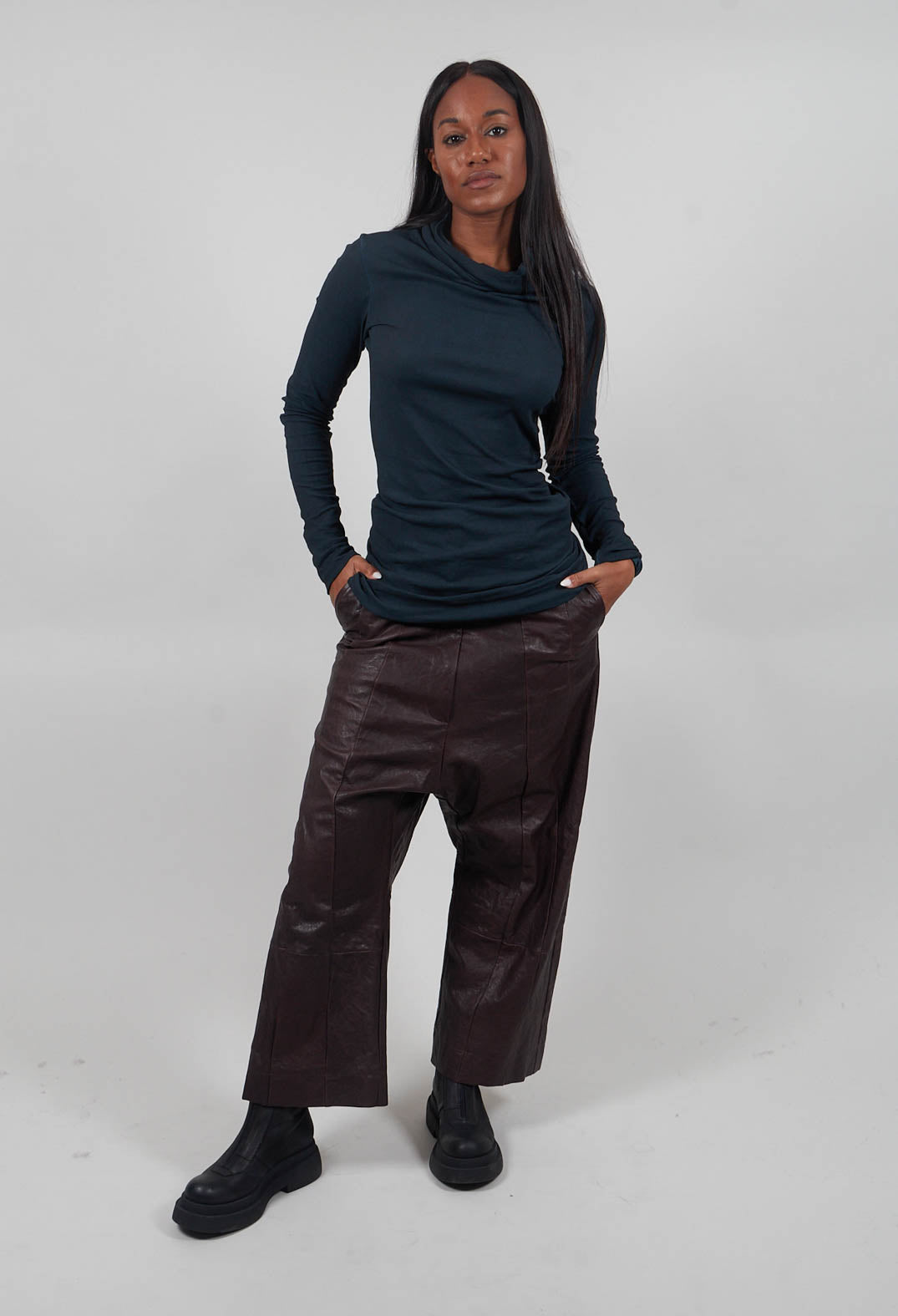 Leather Drop Crotch Trousers in Umbra  - 1480106
