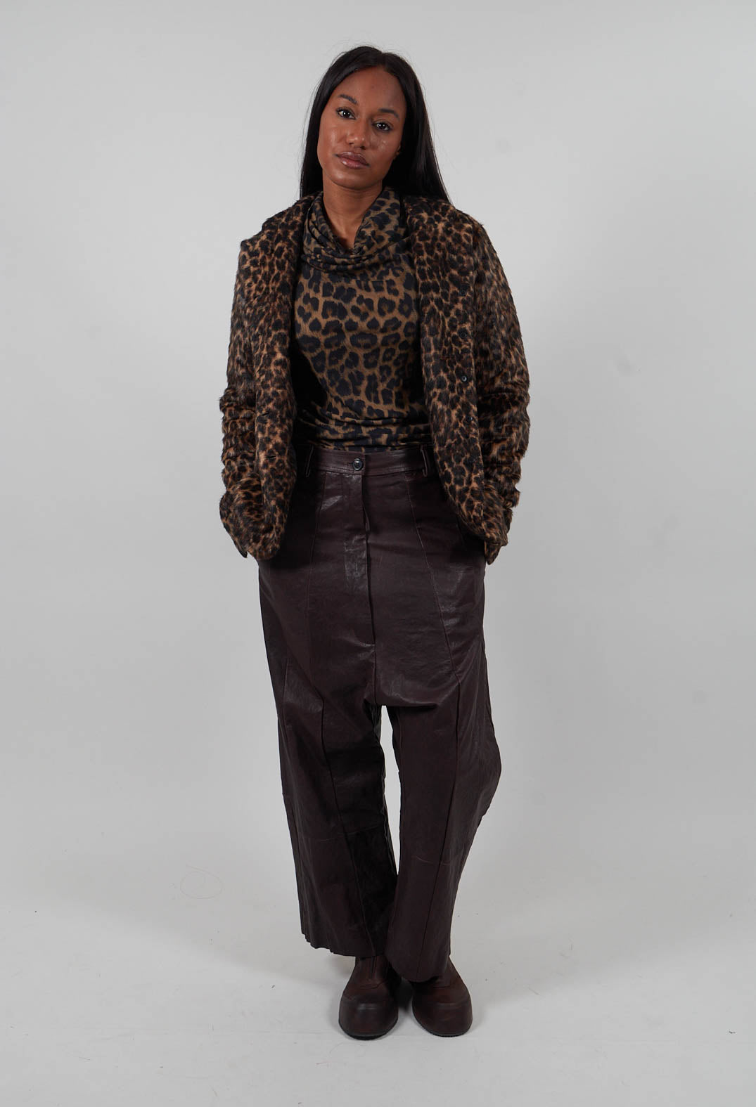 Leather Drop Crotch Trousers in Umbra  - 1480106