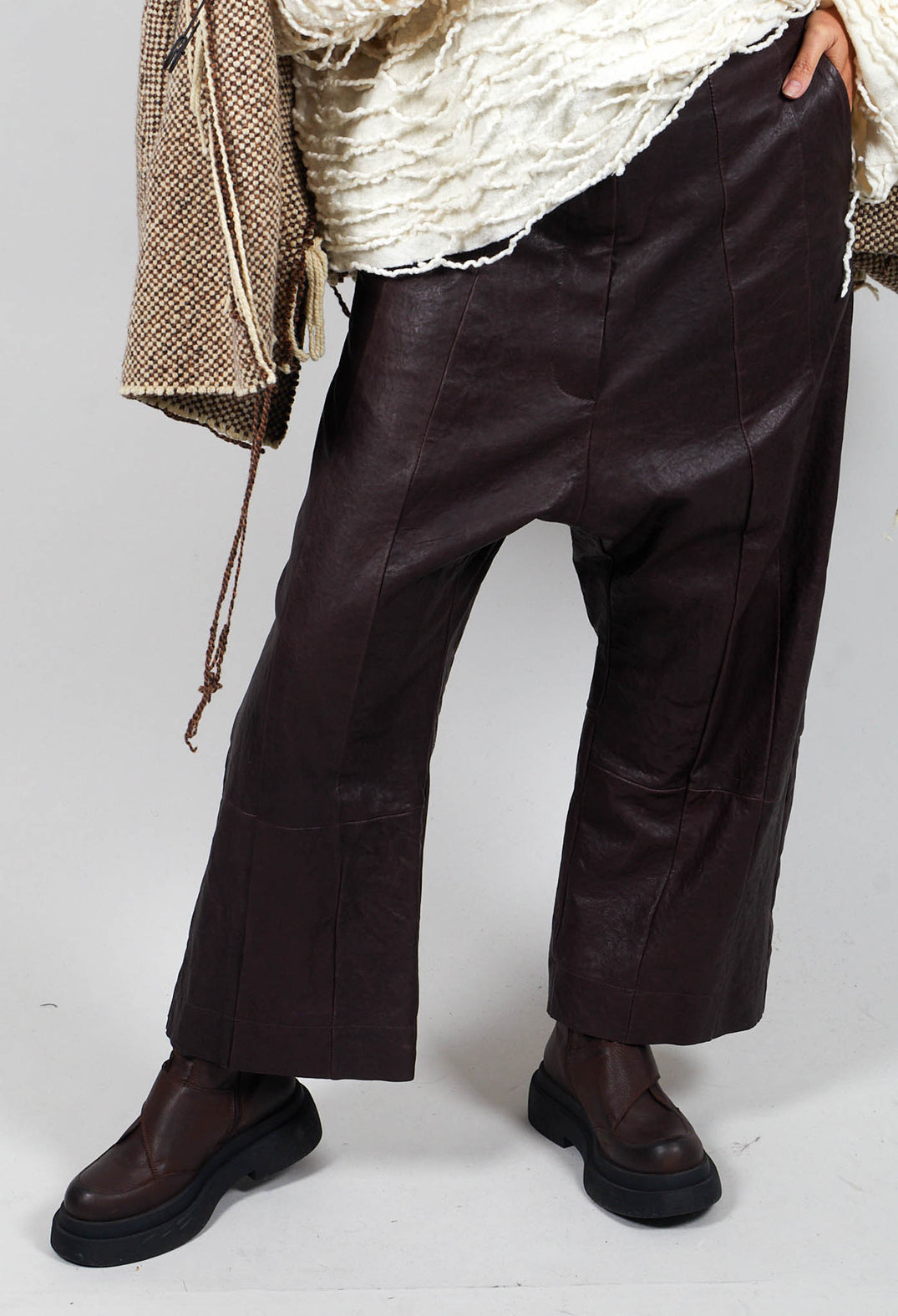 Leather Drop Crotch Trousers in Umbra  - 1480106
