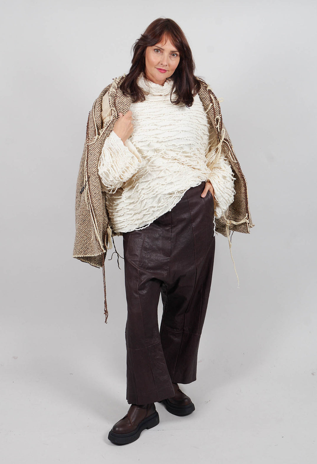 Leather Drop Crotch Trousers in Umbra  - 1480106