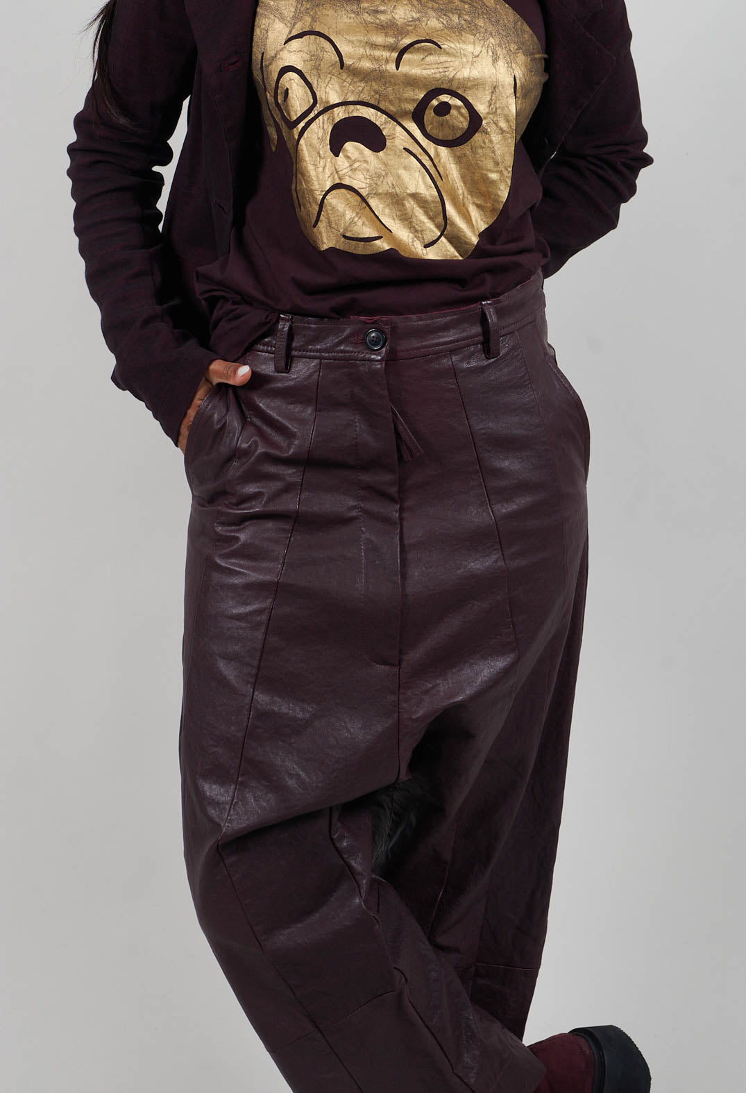 Leather Drop Crotch Trousers in Purple - 1480106
