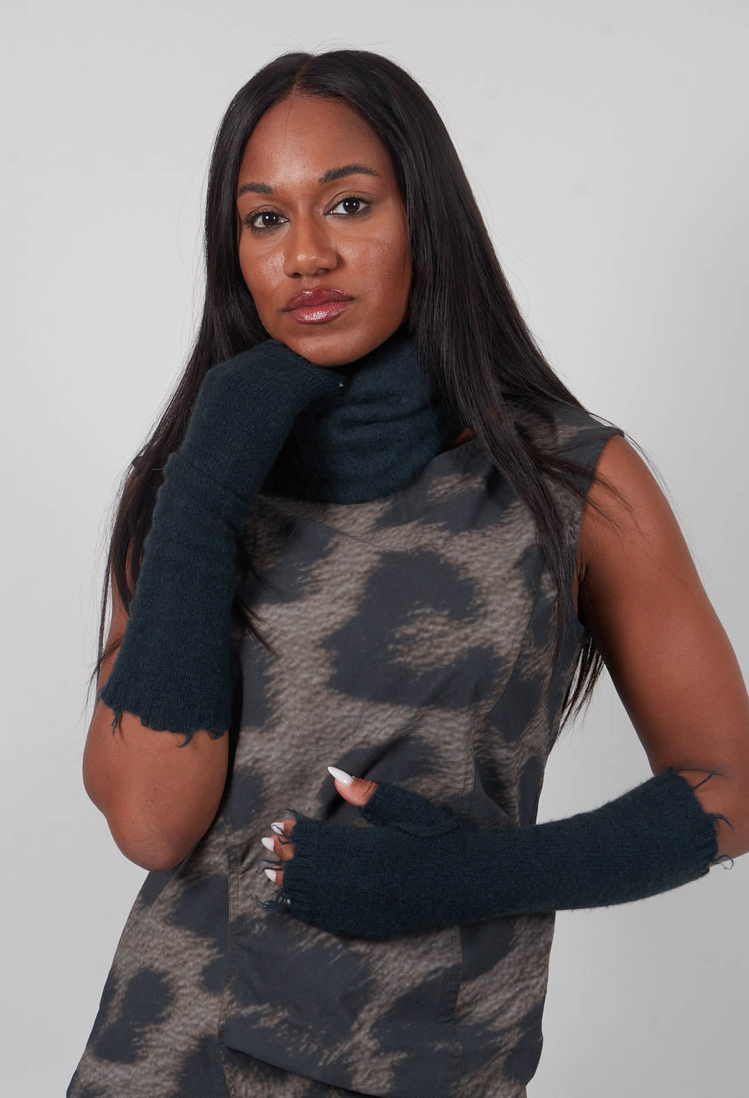 Raw Edge Fingerless Gloves in Petrol  - 1533109