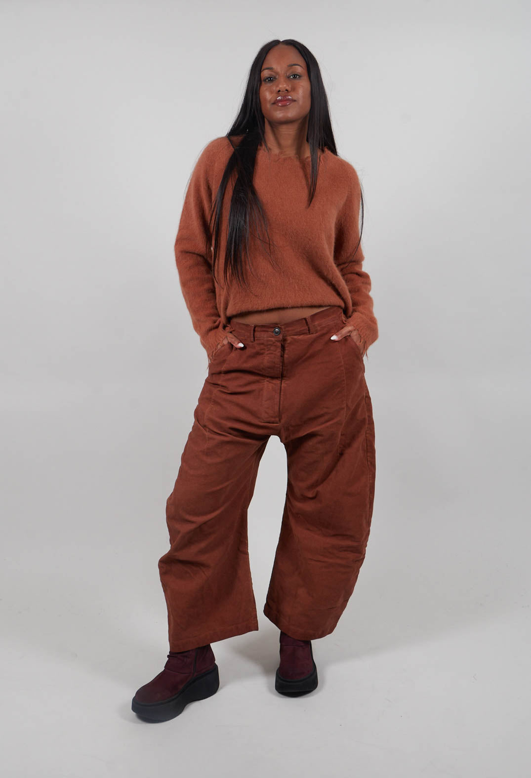 Barrel Leg Drop Crotch Trousers in Terracotta Cloud  - 2220104
