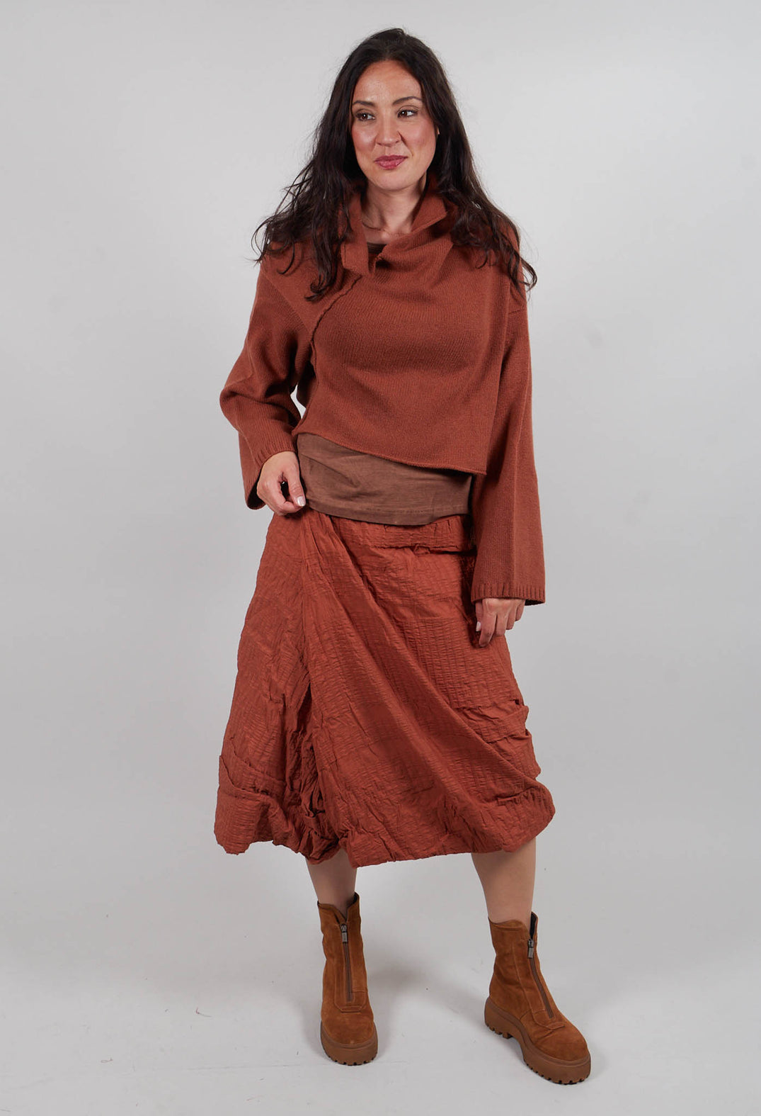 Draped A-Line Skirt in Terracotta 3D Optic - 2240304