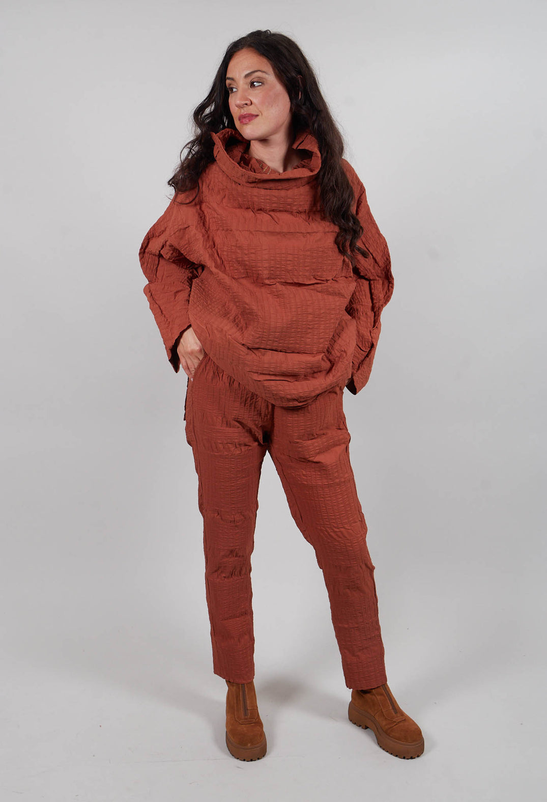 Pull On Trousers in Terracotta 3D Optic  - 2240113