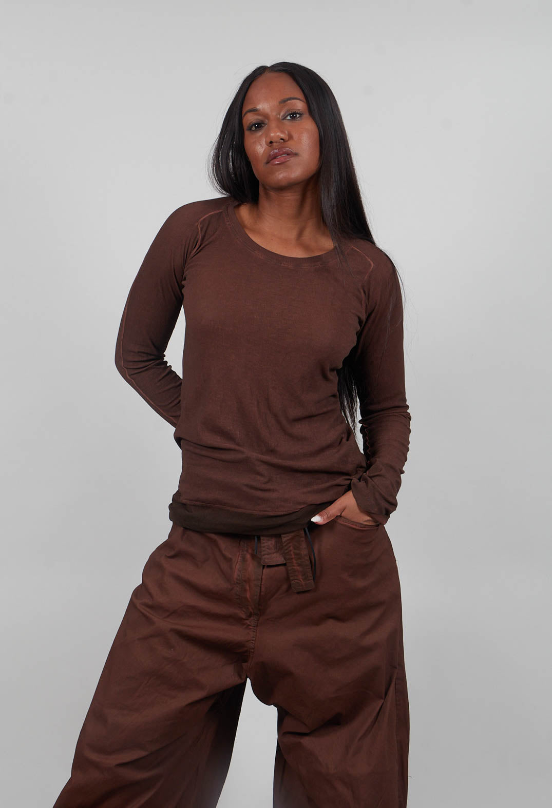 Long Sleeve T-Shirt with Sheer Hem in Henna Cloud  - 2340503