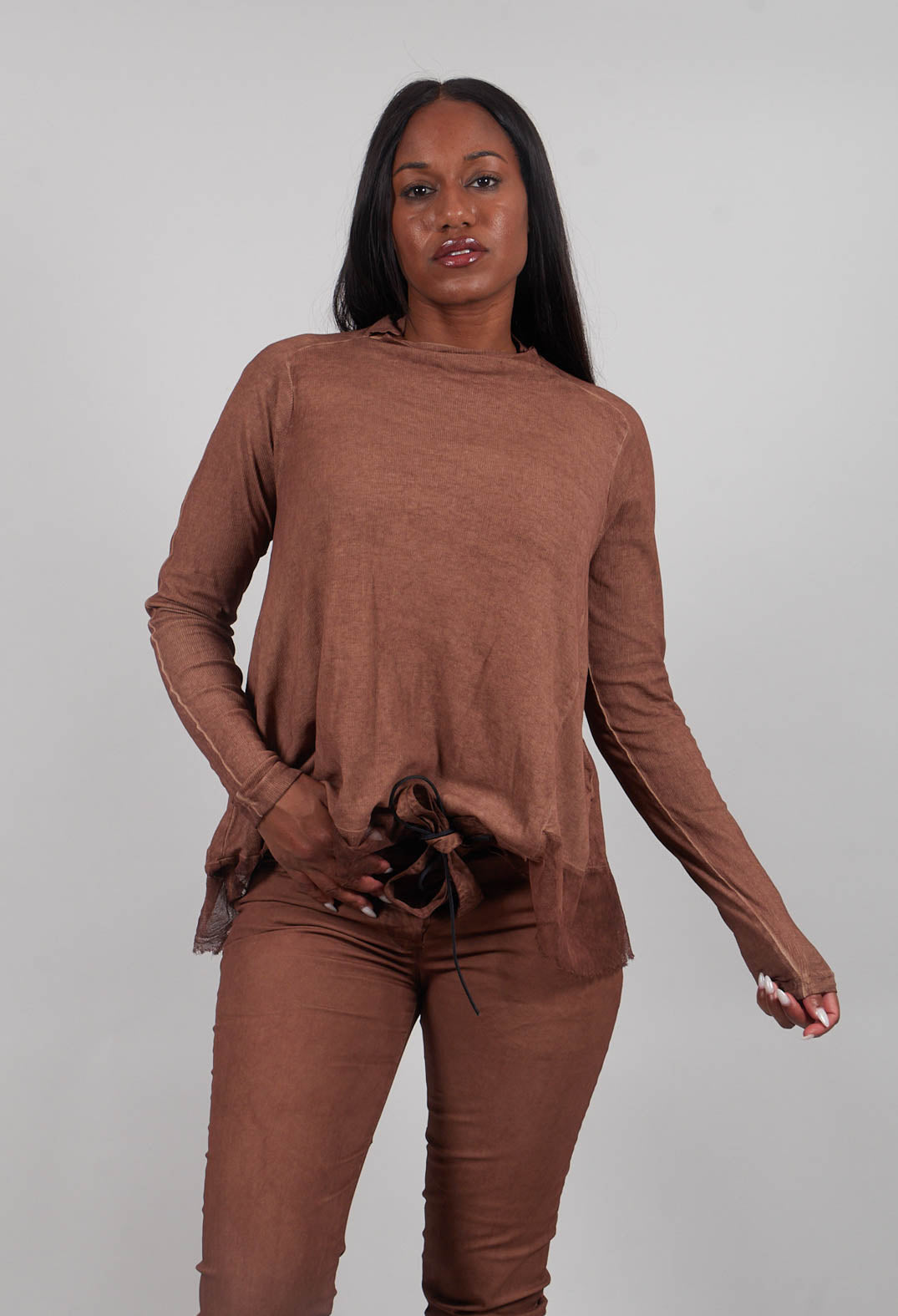 A-Line Top with Sheer Hem in Terracotta Cloud - 2340506