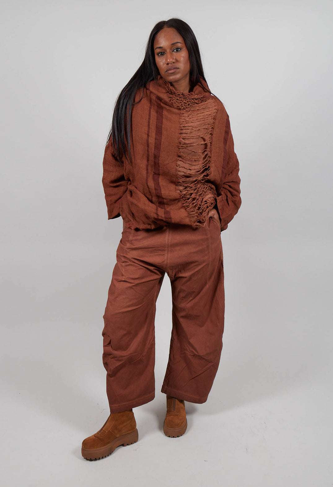 Pull On Barrel Leg Trousers in Terracotta Cloud  - 2390122