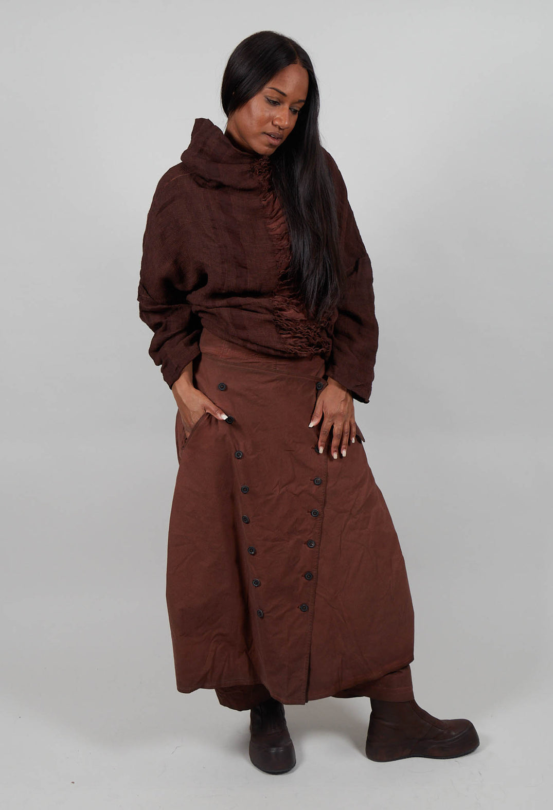 Wide Leg Button Detail Trousers in Henna Cloud  - 2390127