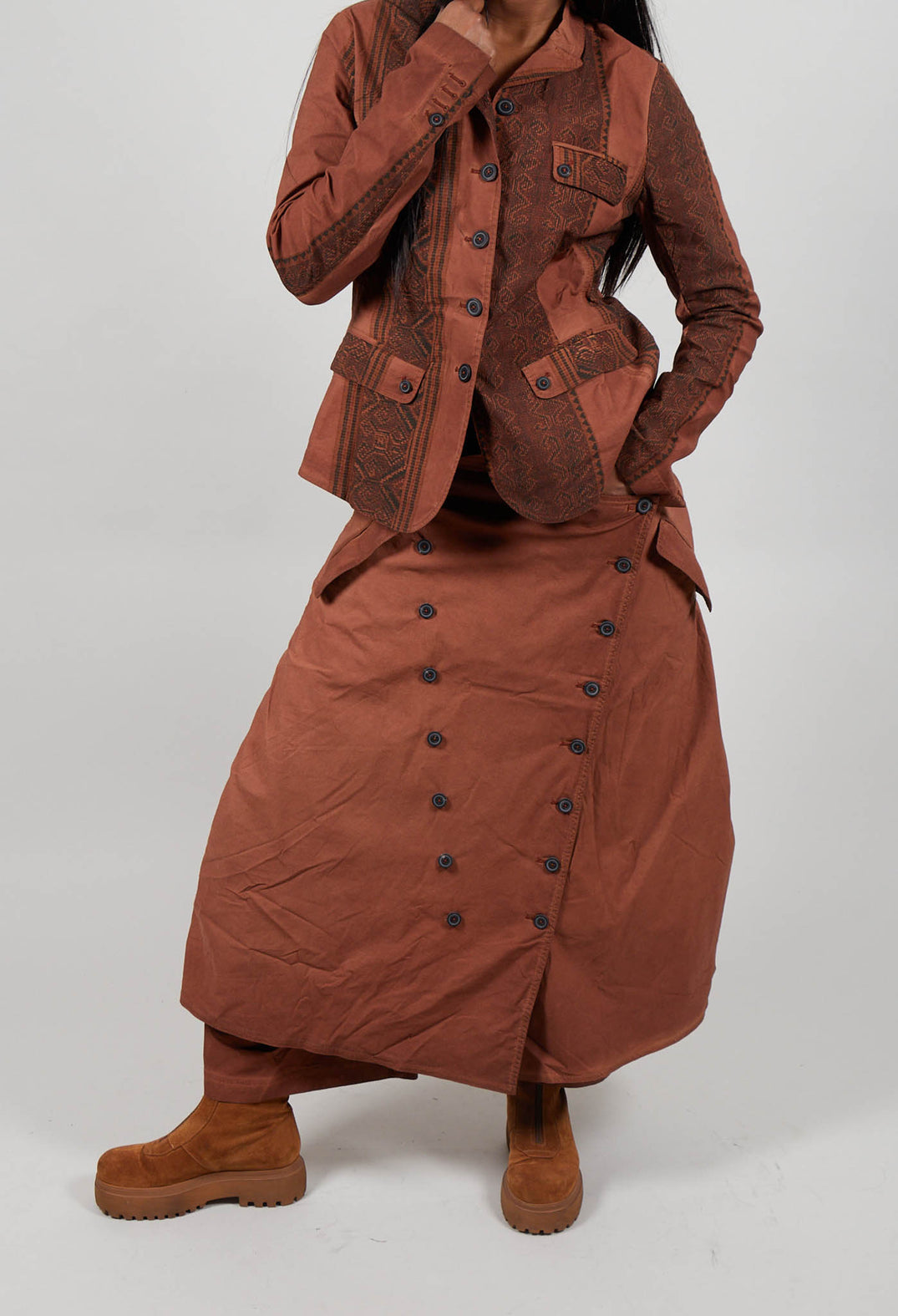 Wide Leg Button Detail Trousers in Terracotta Cloud  - 2390127