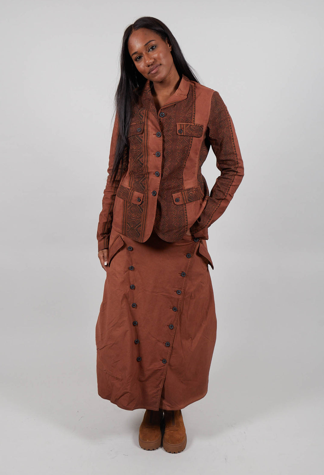 Wide Leg Button Detail Trousers in Terracotta Cloud  - 2390127