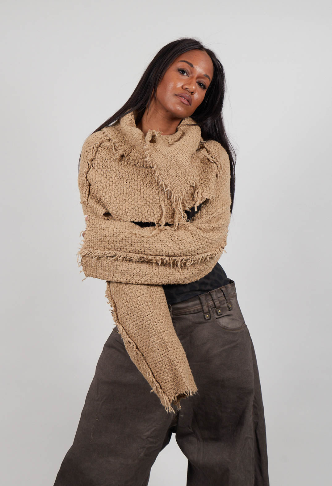 Cropped Long Sleeve Jumper in Clay  - 2620703