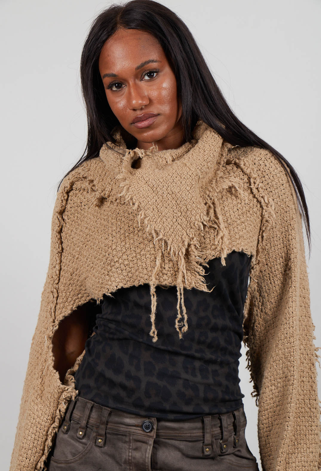 Cropped Long Sleeve Jumper in Clay  - 2620703