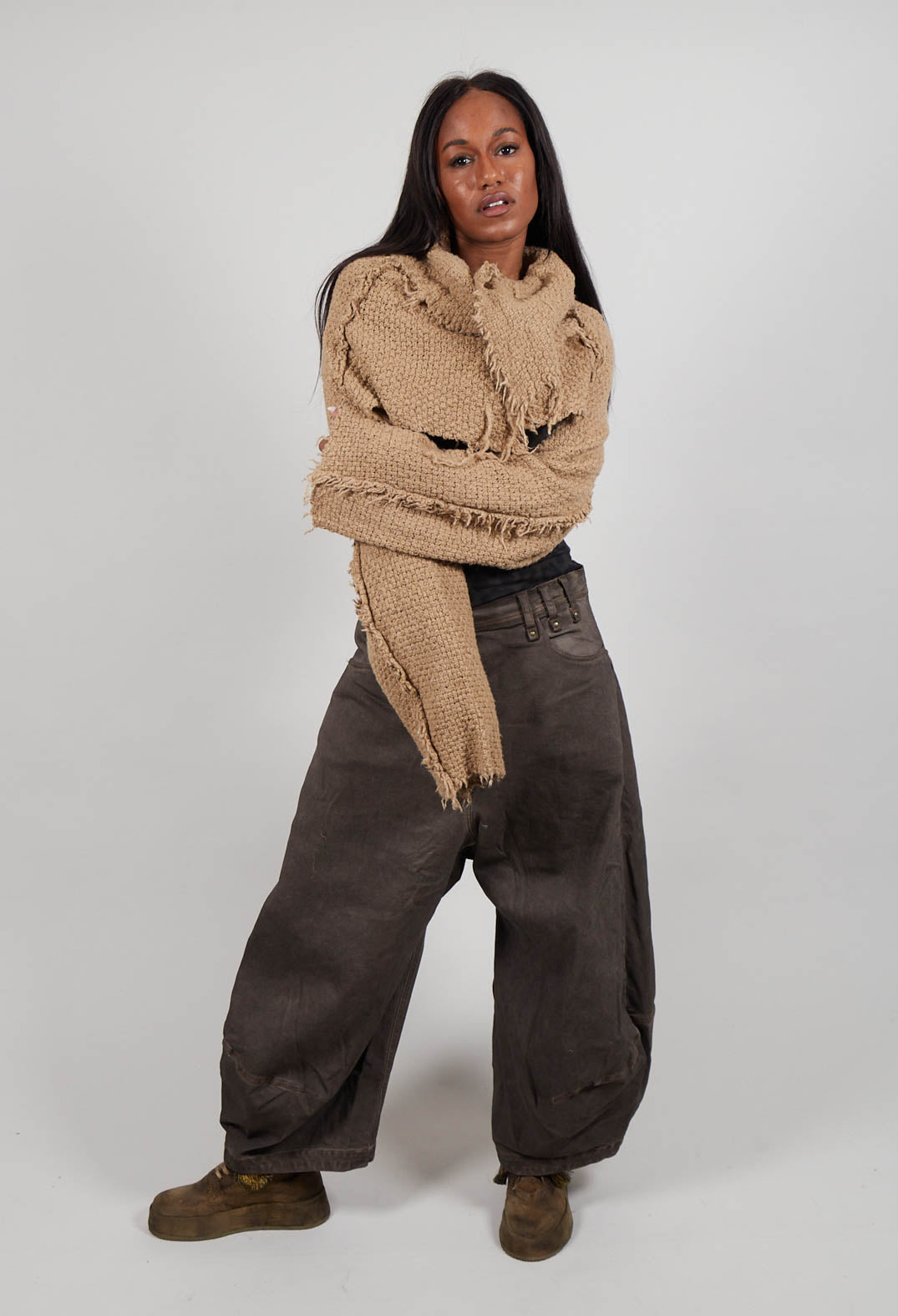 Cropped Long Sleeve Jumper in Clay  - 2620703