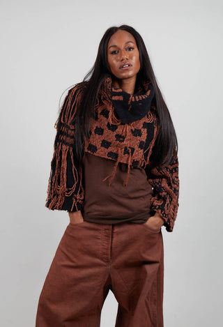 Cropped Jumper with Fringing in Terracotta/Black  - 2640701