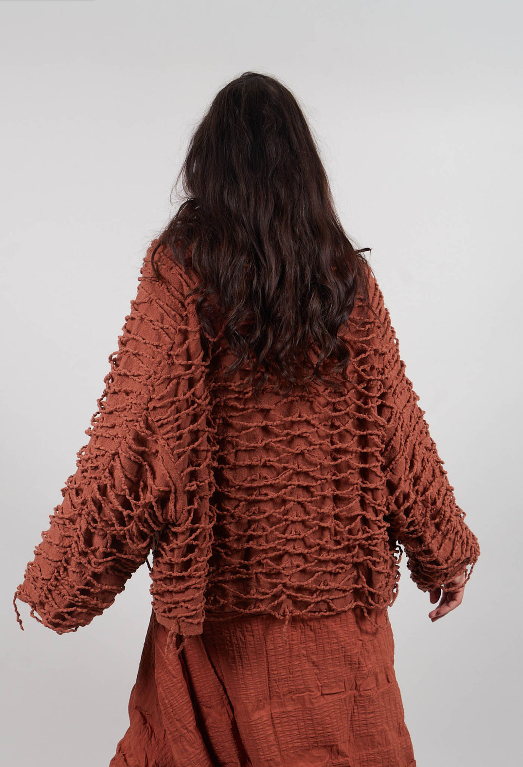 Oversized Jumper with Knitted Strands in Terracotta  - 2680701