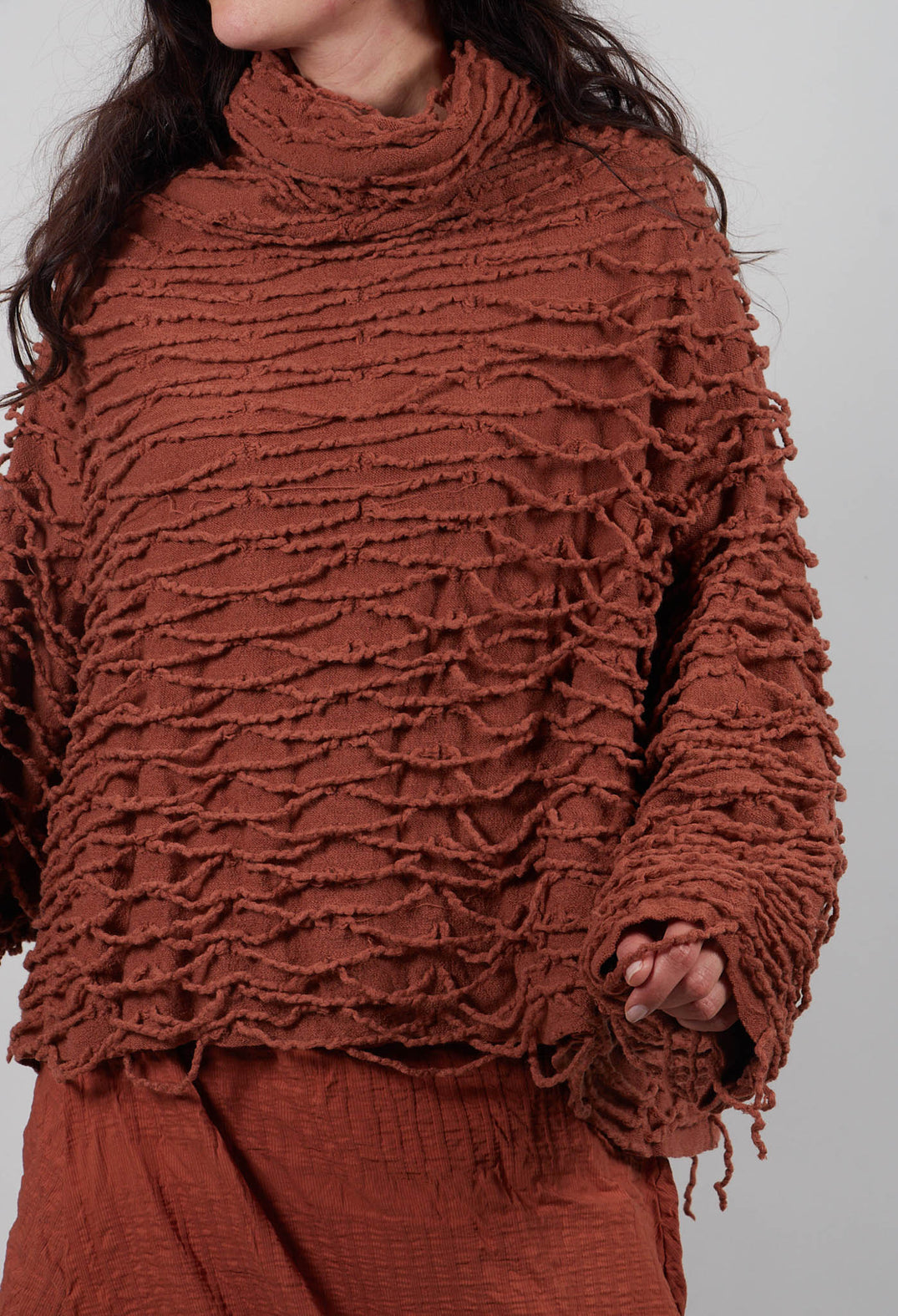Oversized Jumper with Knitted Strands in Terracotta  - 2680701