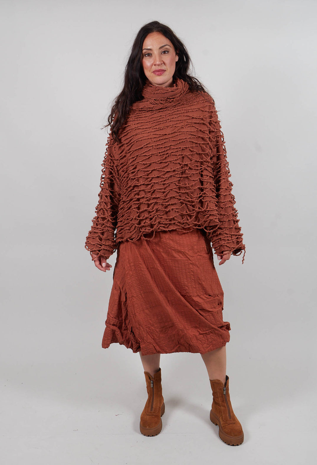 Oversized Jumper with Knitted Strands in Terracotta  - 2680701