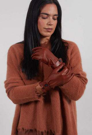 Leather Gloves with Button Strap in Henna  - 2802002