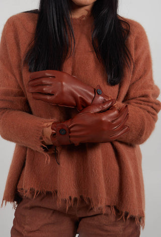 Leather Gloves with Button Strap in Henna  - 2802002