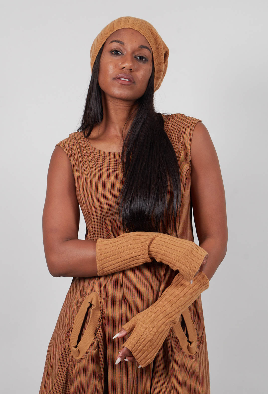 Ribbed Fingerless Gloves in Bronze  - 3453105