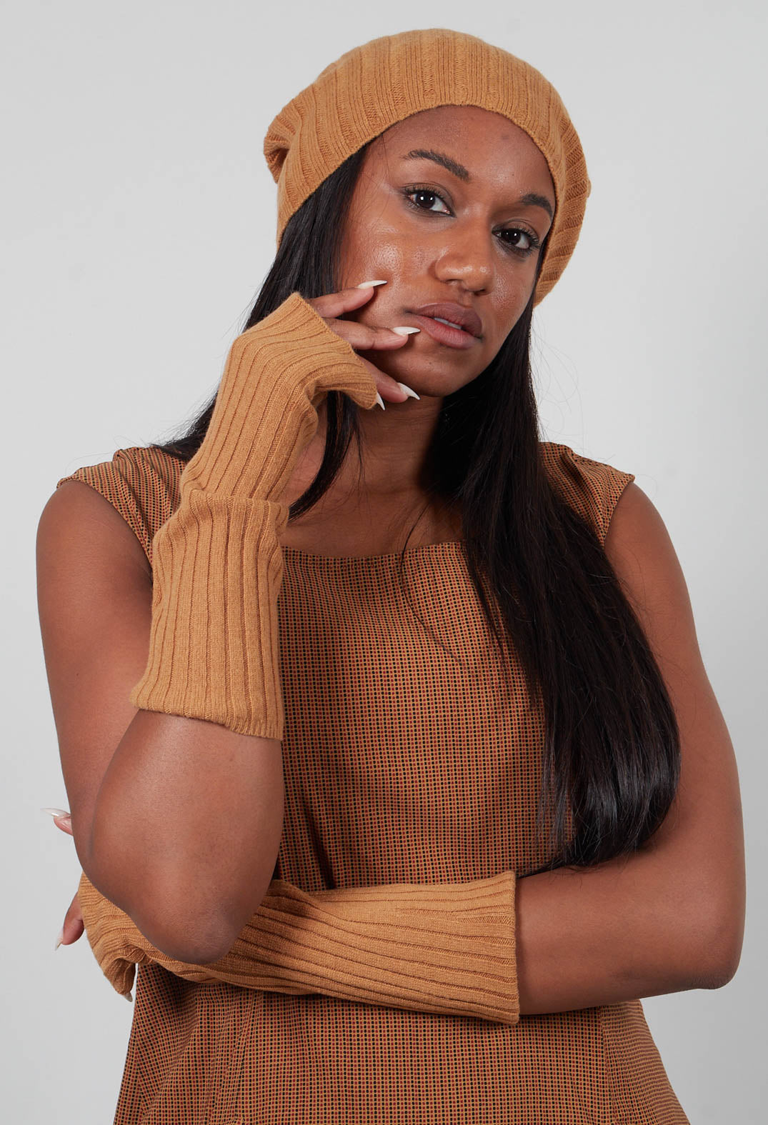 Ribbed Fingerless Gloves in Bronze  - 3453105
