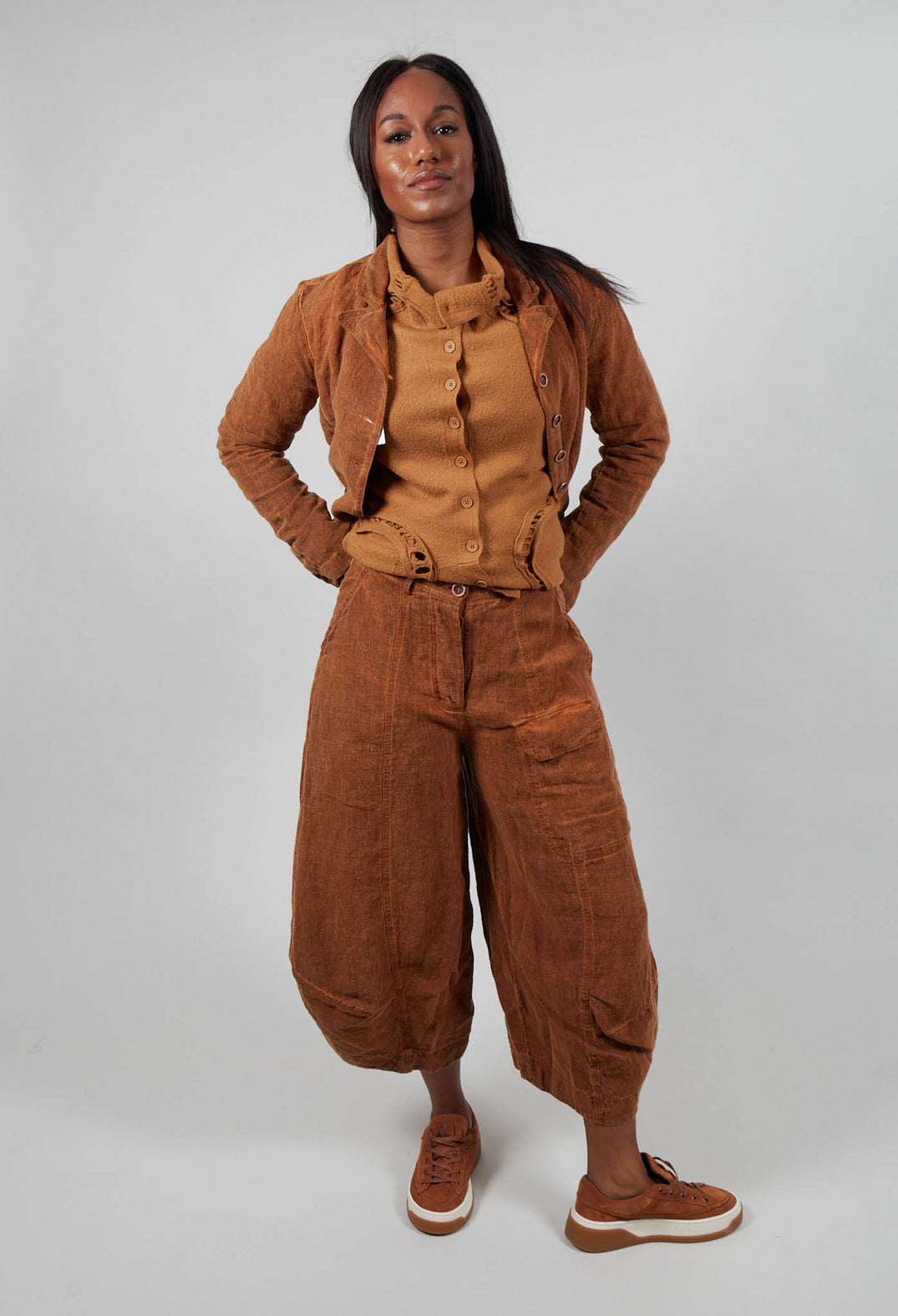 Balloon Leg Linen Trousers in Bronze Cloud  - 3530111