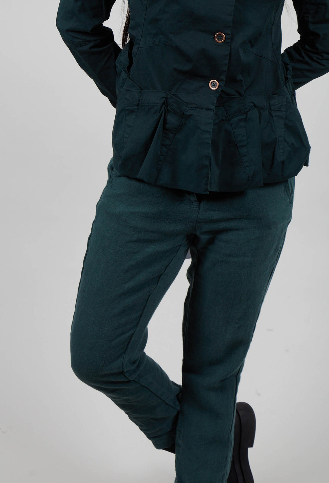 Straight Leg Linen Trousers in Forest  - 3530104