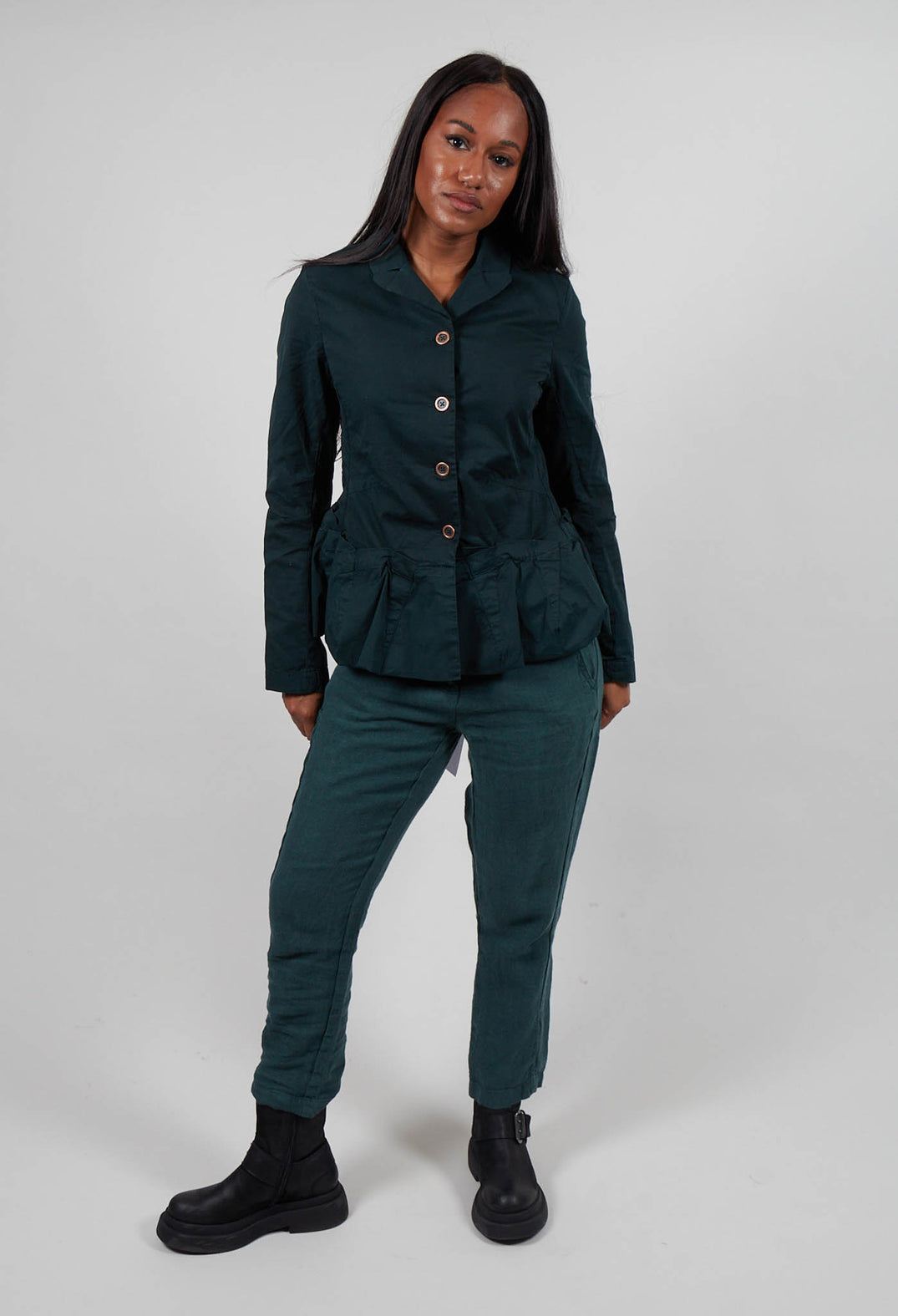 Straight Leg Linen Trousers in Forest  - 3530104