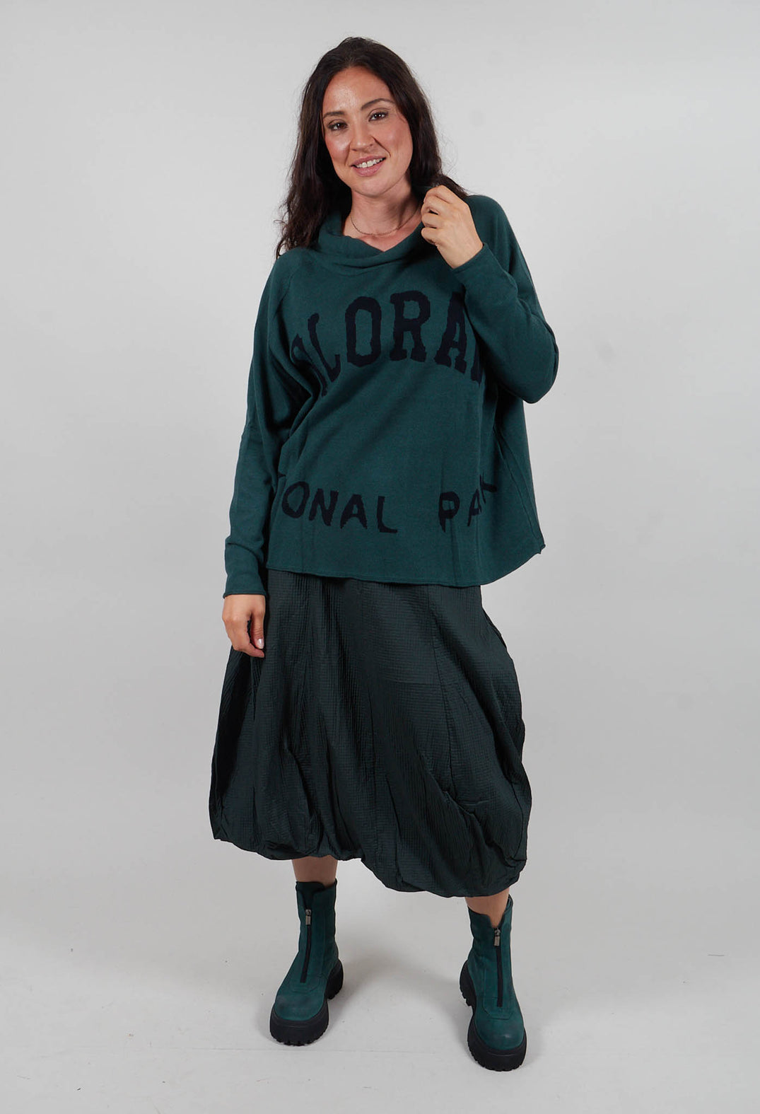 Cowl Neck Jumper in Forest Jacquard  - 3590701