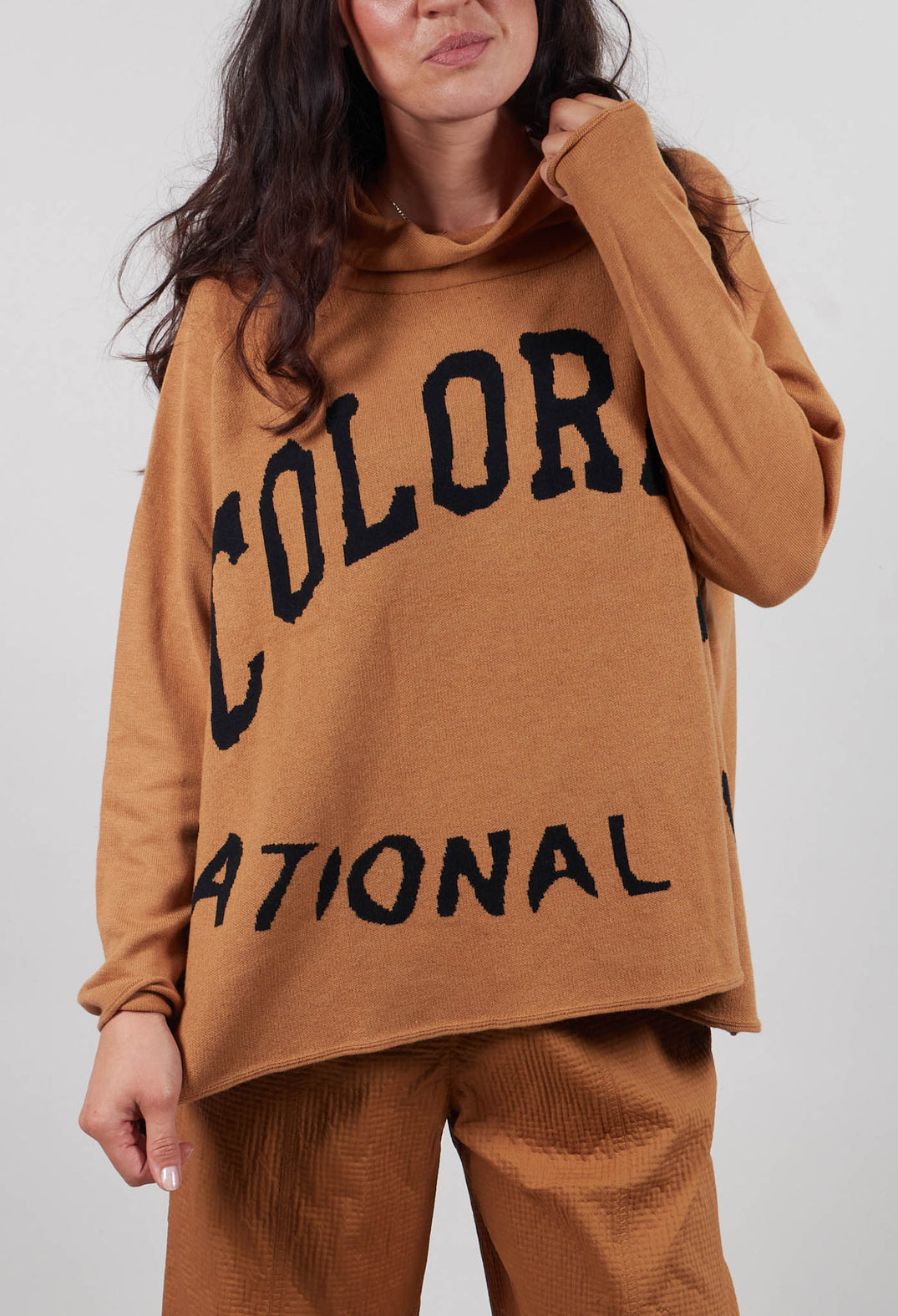 Cowl Neck Jumper in Bronze Jacquard  - 3590701