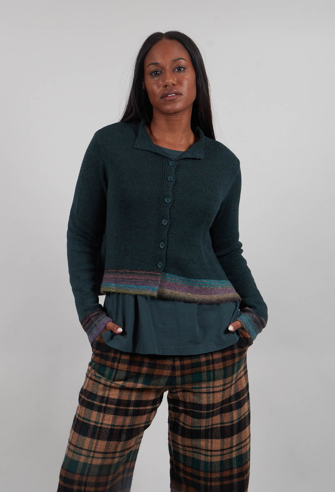Flared Hem Cardigan in Forest Stripe - 3727101