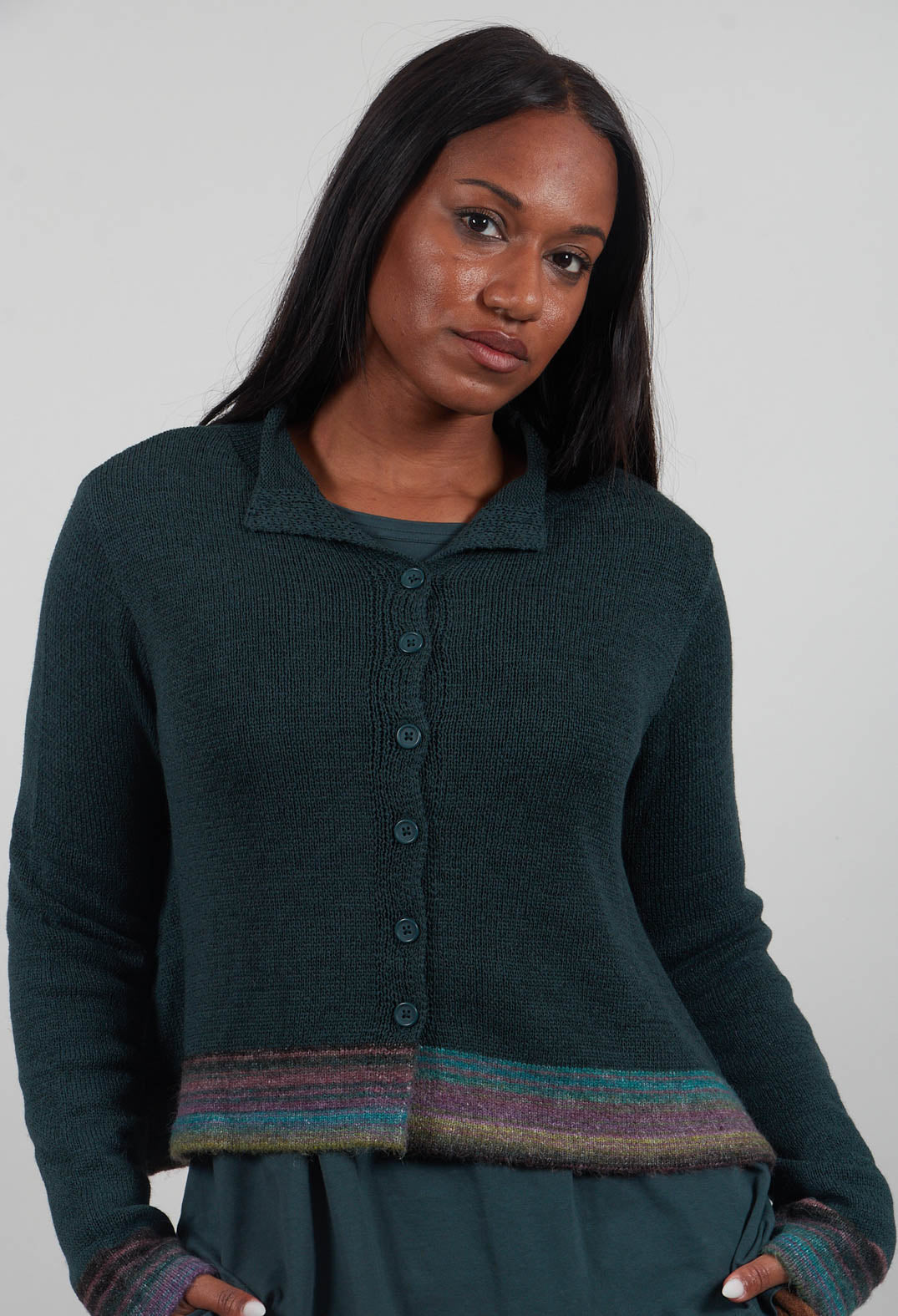 Flared Hem Cardigan in Forest Stripe - 3727101