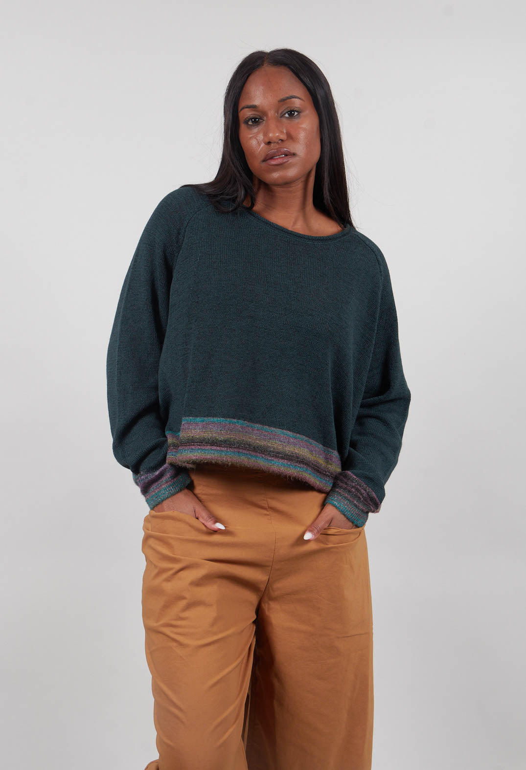 Cropped Boxy Jumper in Forest Stripe  - 3720702