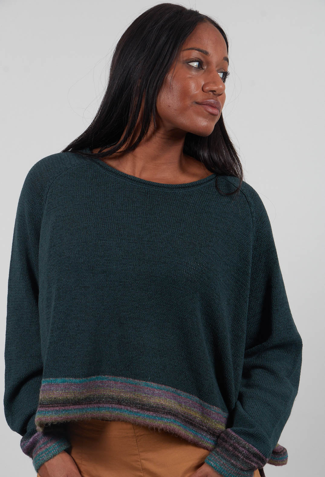 Cropped Boxy Jumper in Forest Stripe  - 3720702