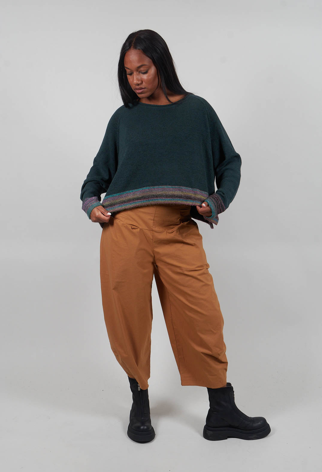 Cropped Boxy Jumper in Forest Stripe  - 3720702