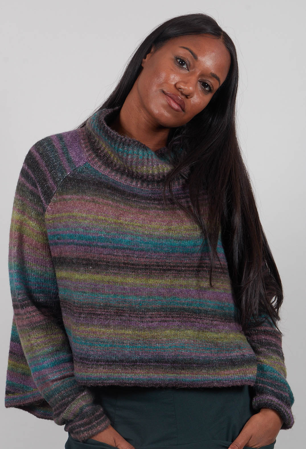 Ribbed Funnel Neck Jumper in Forest Varieté  - 3730708
